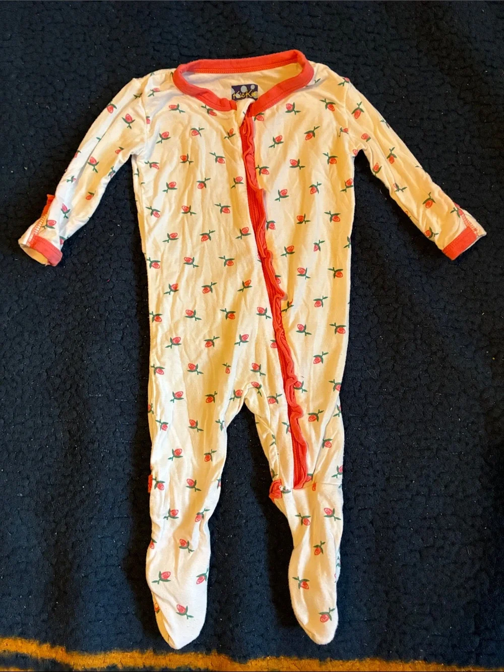 Kickee Pants white Footed One-Piece with Coral Trim and Peach Print